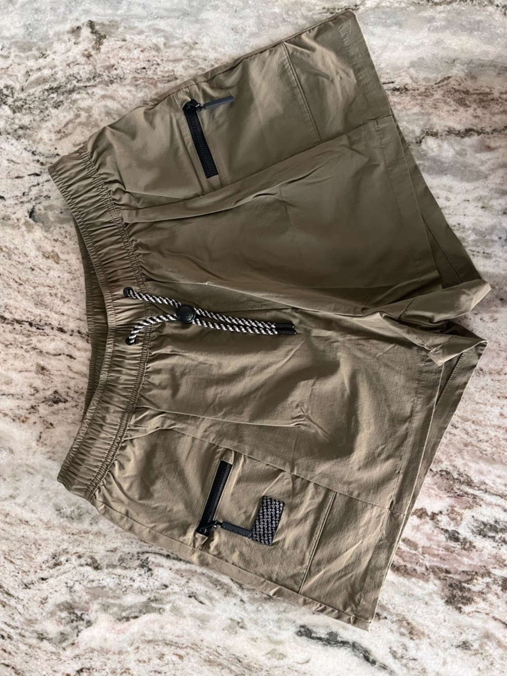Women's Olive Drawstring Athletic Shorts with Zip Pockets - Size L